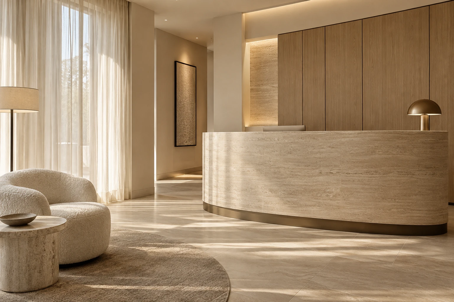Concept di una reception per un centro benessere, con travertino, rovere e tessuti avorio