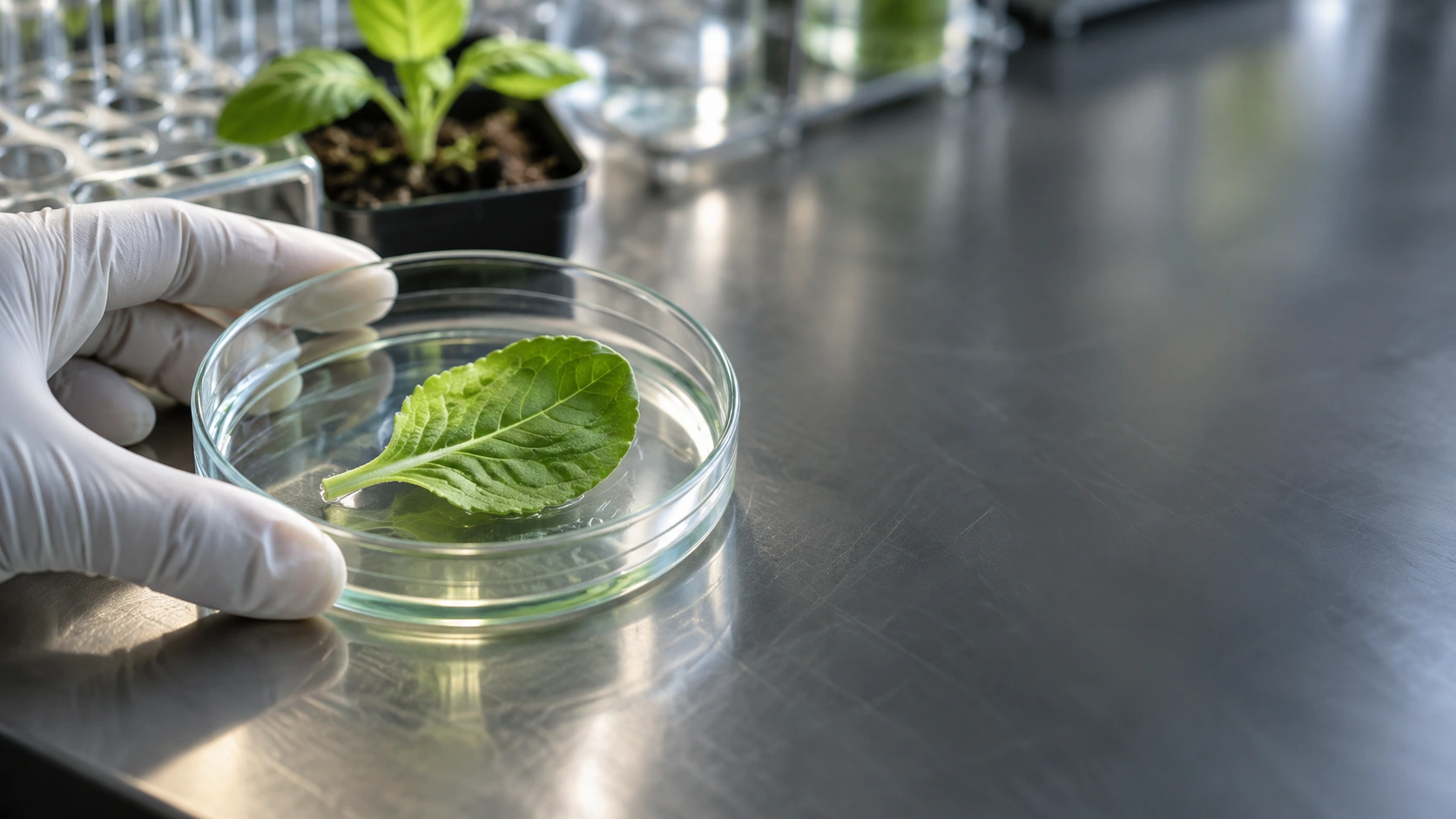 Scena illustrativa di ricerca botanica: una foglia in una piastra di vetro e mani con guanti da laboratorio