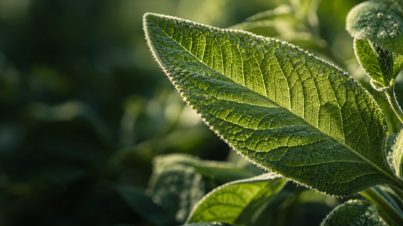 Macro illustrativa di una foglia verde, con venature e texture botanica in luce radente